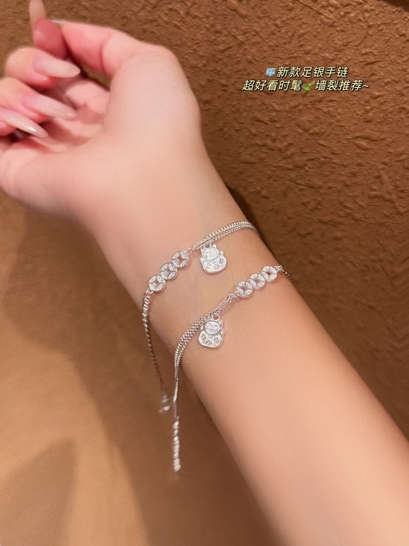 13. Gelang Koin Uang Kucing Kecil Perak 999 dengan Tanda & Sertifikasi S999 13. Money Coin Little Cat Siver 999 Bracelets with S999 Mark & Certification