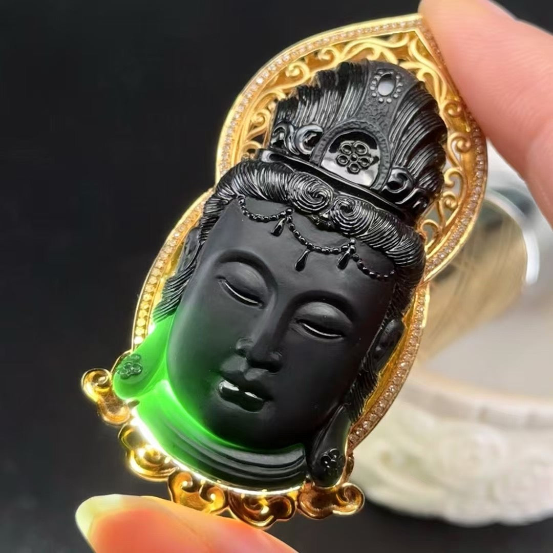 Black Jade Mocui Guanyin Budda Head Pendant Natural Jade Grade A